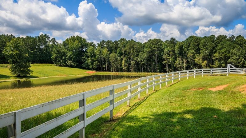 White-wooden-fence-in-large-green-pasture
